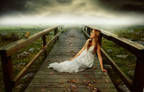 Picture the sky, grass, leaves, girl, clouds, bridge, fog, stones