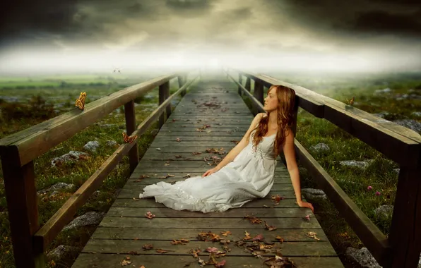 The sky, grass, leaves, girl, clouds, bridge, fog, stones