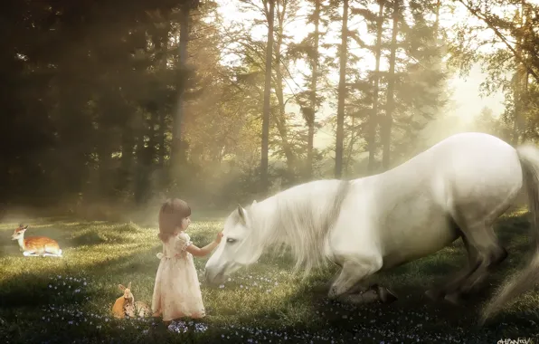 Nature, children, horse, girl, rabbits, fawn, retouching