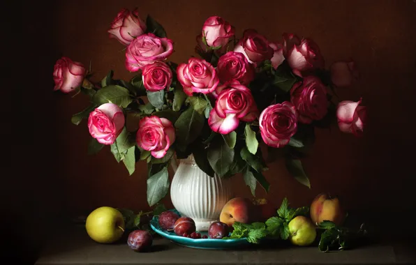 Picture roses, bouquet, fruit, still life