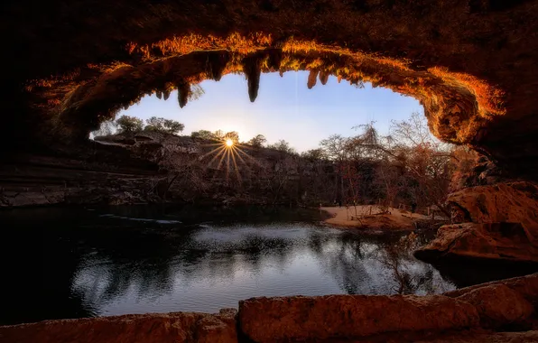 The sky, the sun, rays, trees, sunset, stones, shore, view