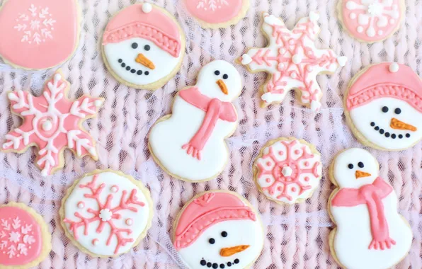 Snowflakes, cookies, Christmas, New year, snowmen, snowman, faces, pink background