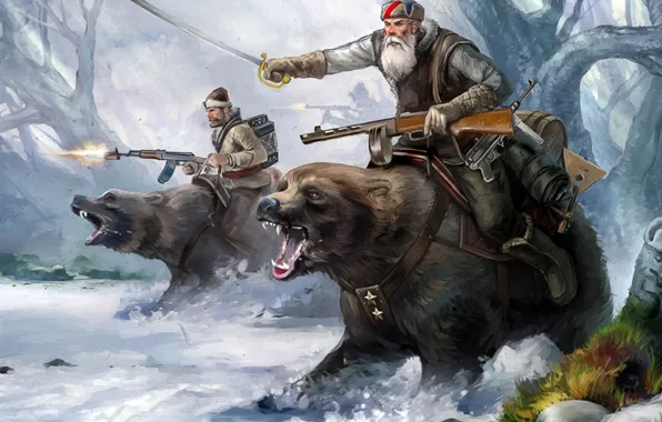 Picture sword, forest, soldiers, trees, winter, snow, bears, musical instrument