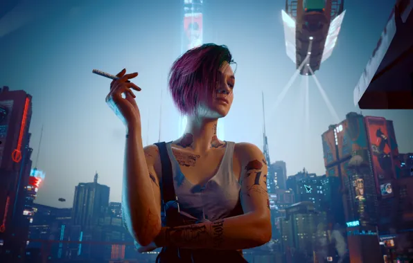 Picture smoking, cyberpunk, tattoo, Cyberpunk 2077, CGI, cigarettes, video games, video game girls