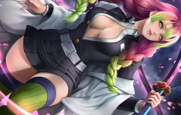 Girl, sword, sexy, cleavage, thighhighs, pink hair, green eyes, long hair