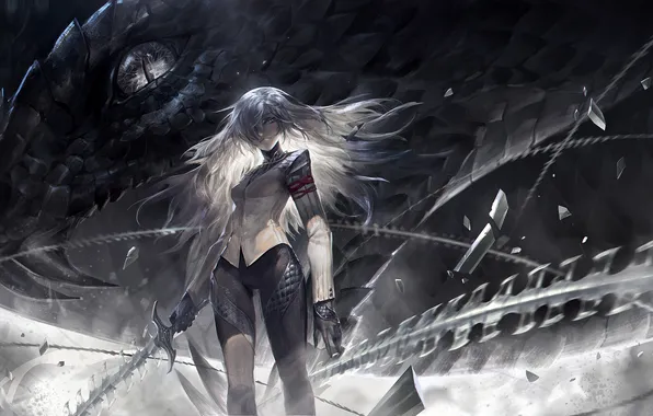 Girl, weapons, dragon, sword, anime, art, alcd