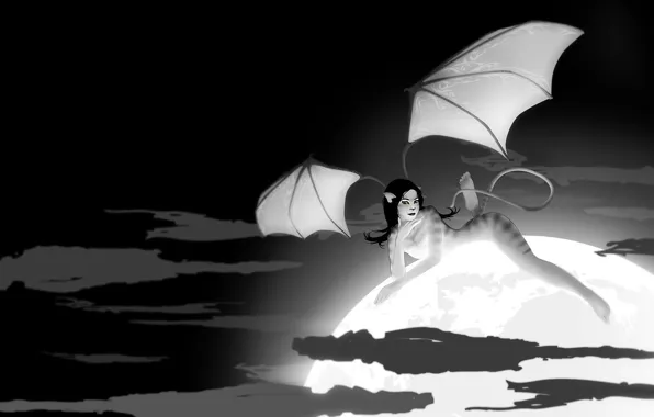 Clouds, the moon, wings, Black and white
