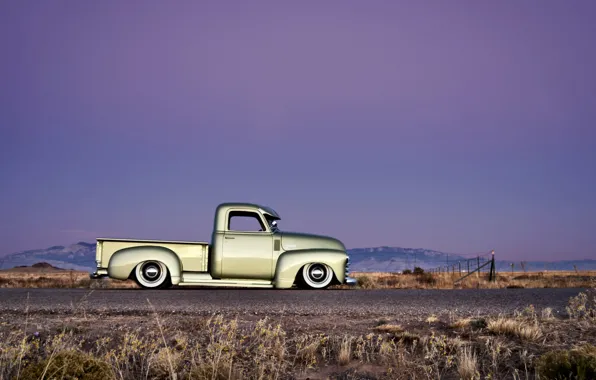 Picture Chevrolet, wheels, side, road, sky, hill, horizon, 1949