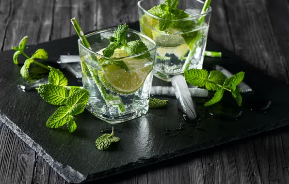 Picture ice, glass, lemon, mint, mojito, cocktail