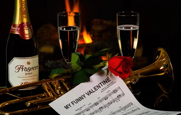 Picture notes, rose, bottle, pipe, champagne, Valentine's Day, glasses