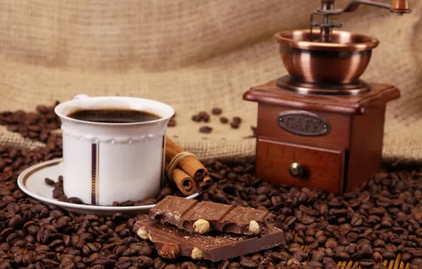 Picture coffee, chocolate, grain, Cup, nuts, cinnamon, sweet, coffee grinder