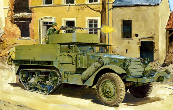 Download wallpaper war, art, painting, ww2, M3 Half-track, section ...