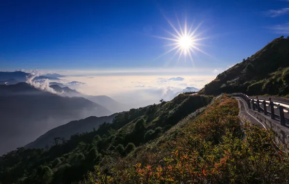 Road, sunset, mountains, Taiwan, Taiwan, Central Mountain Range, Mount Hehuan, Kunyang