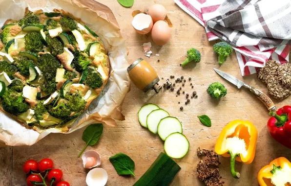 Picture eggs, pepper, vegetables, pizza, tomatoes, spices, broccoli, cherry