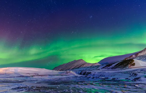 The sky, snow, mountains, Aurora, Northern lights