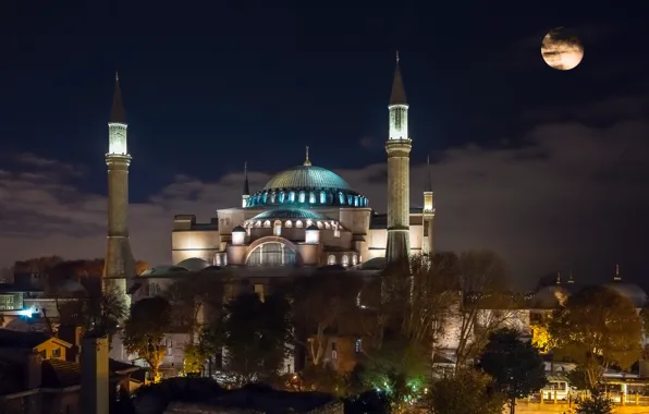 Night, lights, the moon, tower, temple, mosque, architecture, the dome