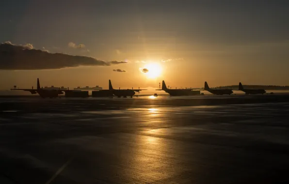 Sunset, airport, aircraft