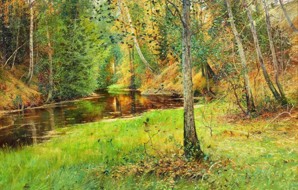 Grass, Trees, Picture, River, Anshelm Schultz, Mountain, Anhelm Saltzberg, Sparreholm, Still the river flows