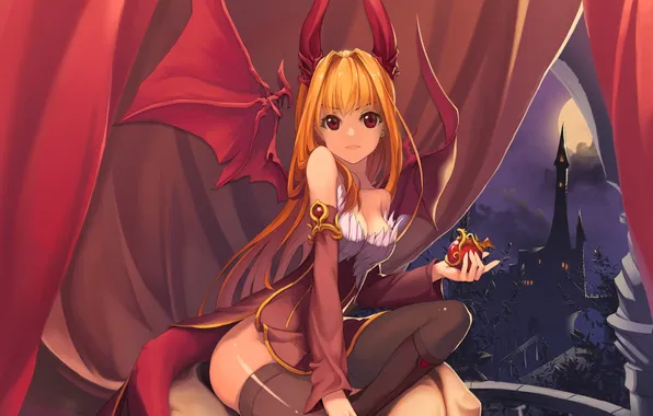 Picture look, girl, night, wings, the demon, tail, horns, dissatisfaction
