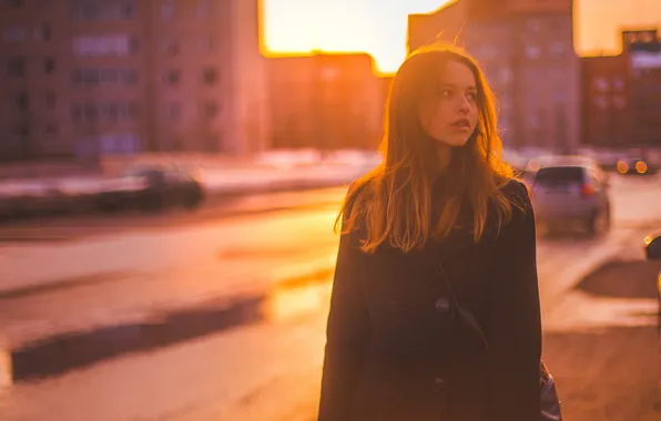 Machine, girl, the city, building, brown hair, bokeh