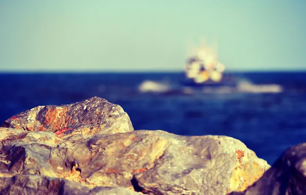 Picture sea, the sky, boat, stone, horizon, bokeh