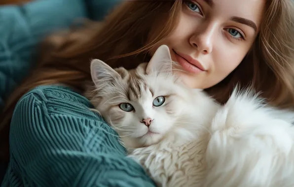 Cat, cat, look, girl, pose, smile, comfort, together