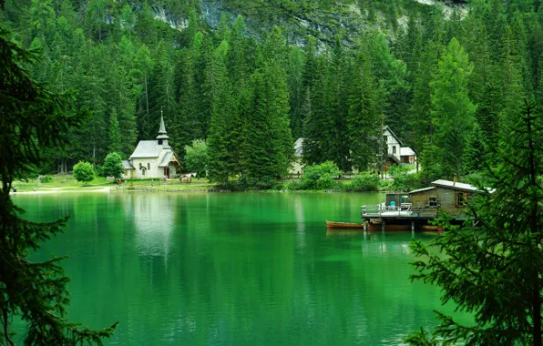 Picture forest, trees, mountains, lake, Italy, Braies lake