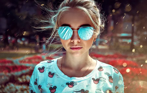The sun, model, portrait, makeup, glasses, hairstyle, blonde, bokeh
