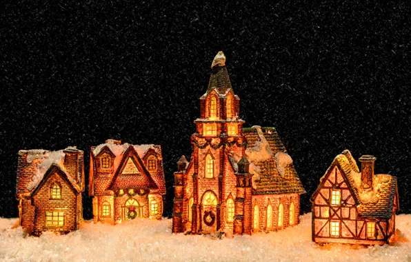 Winter, light, snow, lights, comfort, the dark background, castle, holiday