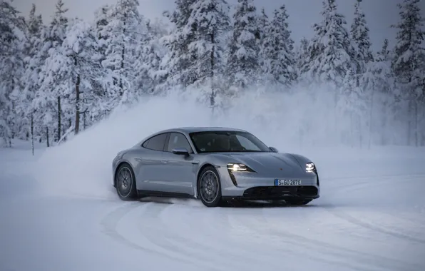 Snow, grey, movement, Porsche, skid, 2020, Taycan, Taycan 4S