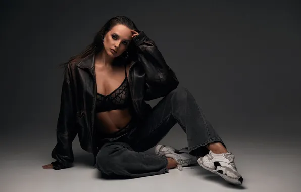 Girl, pose, background, jeans, brunette, jacket, on the floor, sneakers