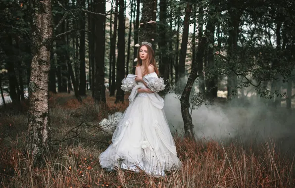 Forest, girl, smoke, dress, Enchanted, Alexandra Cameron