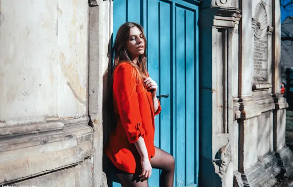 Picture girl, the sun, pose, portrait, home, brown hair, jacket, in red