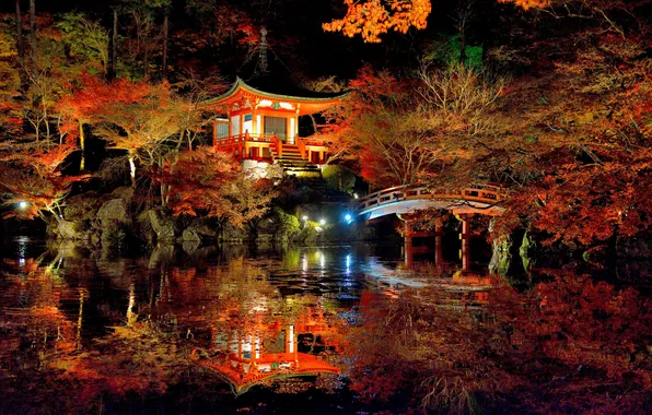 Leaves, trees, night, bridge, lake, house, reflection, lights