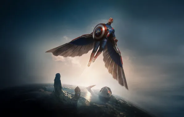 The sky, planet, wings, glasses, costume, flight, shield, poster