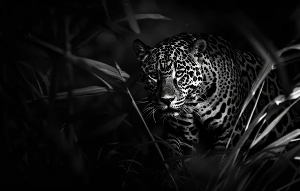 Grass, look, face, predator, Jaguar, black and white, big cat, digital art