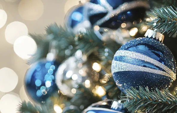 Balls, lights, Christmas, New year, banner, herringbone, needles, blue