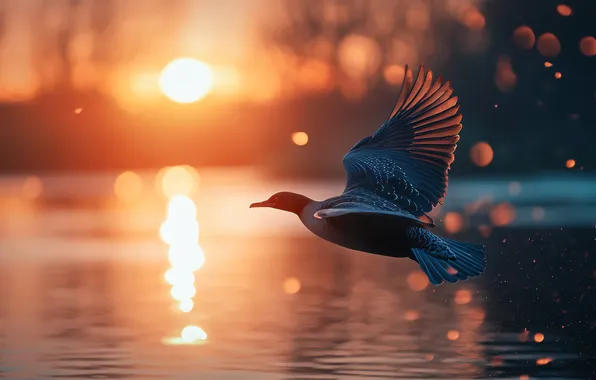 The sun, rays, light, flight, sunset, dawn, bird, pond