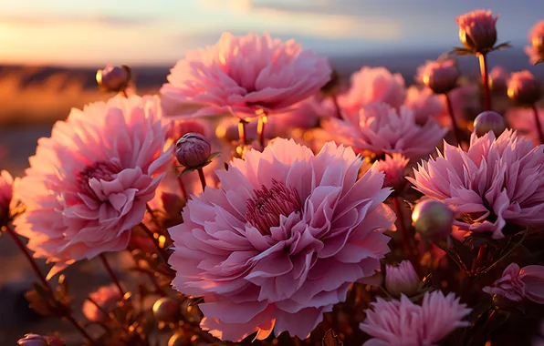 Field, light, flowers, nature, Bush, pink, buds, bokeh