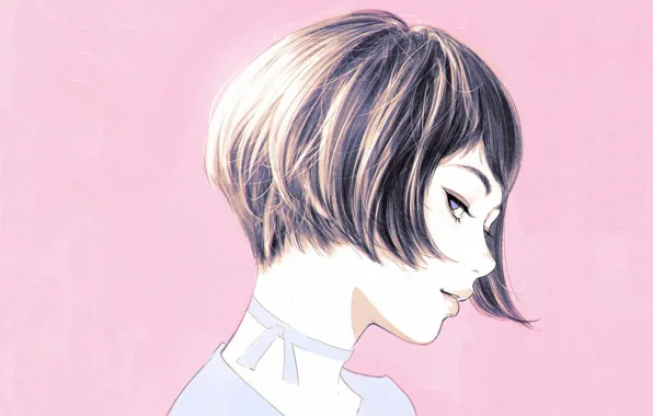 Haircut, profile, pink background, bangs, portrait of a girl, Ilya Kuvshinov
