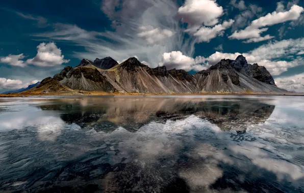 Clouds, mountains, Bay, Iceland, Iceland, Vestrahorn, Stokksnes
