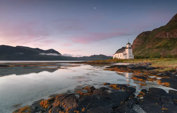 The sky, clouds, mountains, lake, reflection, river, stones, the moon