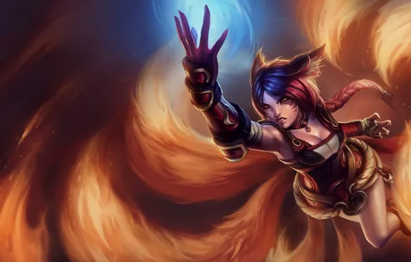 Picture girl, flame, armor, animal ears, league of legends, ahri