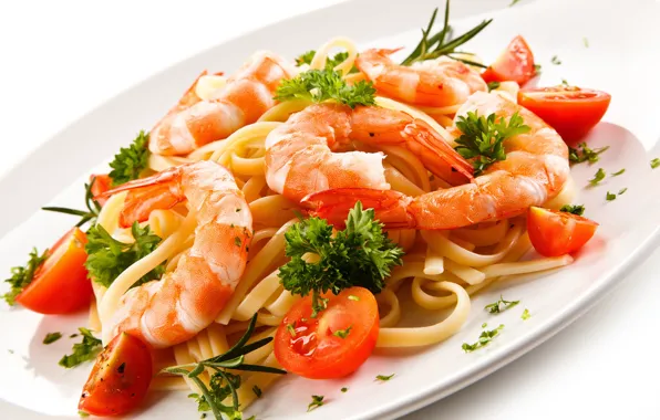 Picture greens, tomatoes, shrimp, pasta