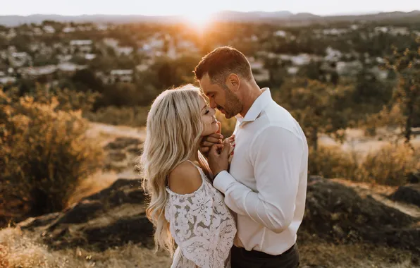 Picture girl, love, sunset, nature, smile, blonde, pair, male