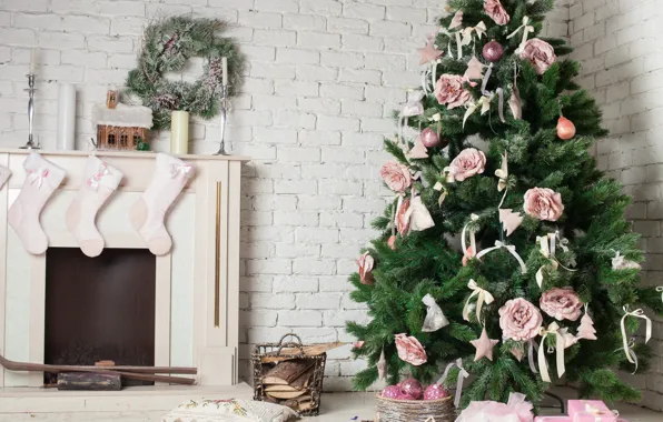 Decoration, holiday, tree, candles, New year, fireplace