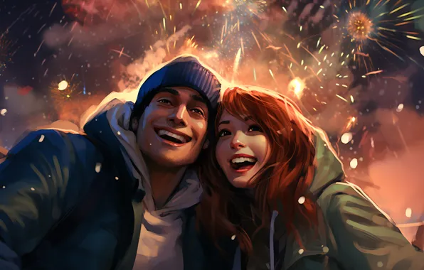 Girl, Night, Smile, Christmas, New year, Guy, Two, Fireworks