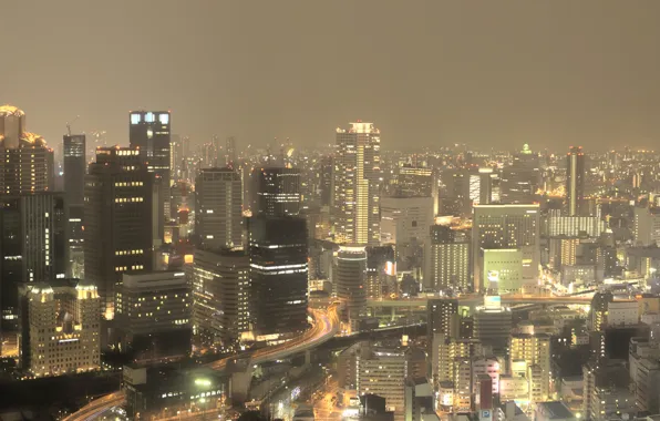 Picture The city, Movement, Japan, Lights, The sky, Osaka, Osaka, Japan, Night, Road, Multi Monitors, Panorama, …