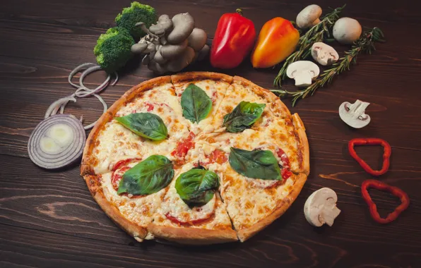 Greens, mushrooms, bow, pepper, pizza