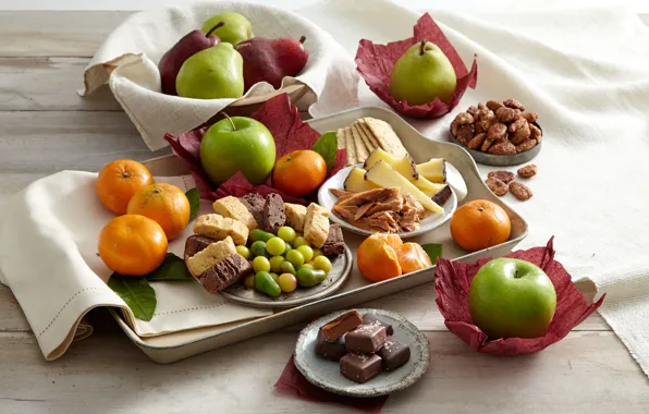 Apples, chocolate, cheese, cookies, candy, sweets, fruit, pear